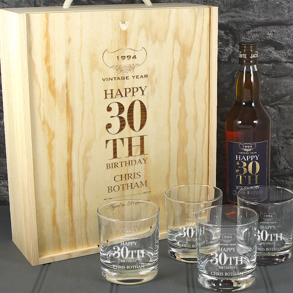 Happy 30th Birthday Single Bottle With A Printed Label, Lasered Wooden Box And 4 Whisky Tumblers