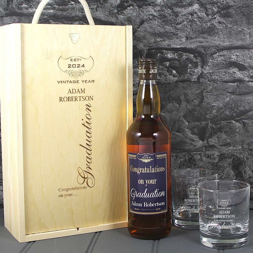 Graduation Single Bottle With A Printed Label, Lasered Wooden Box And 2 Whisky Tumblers