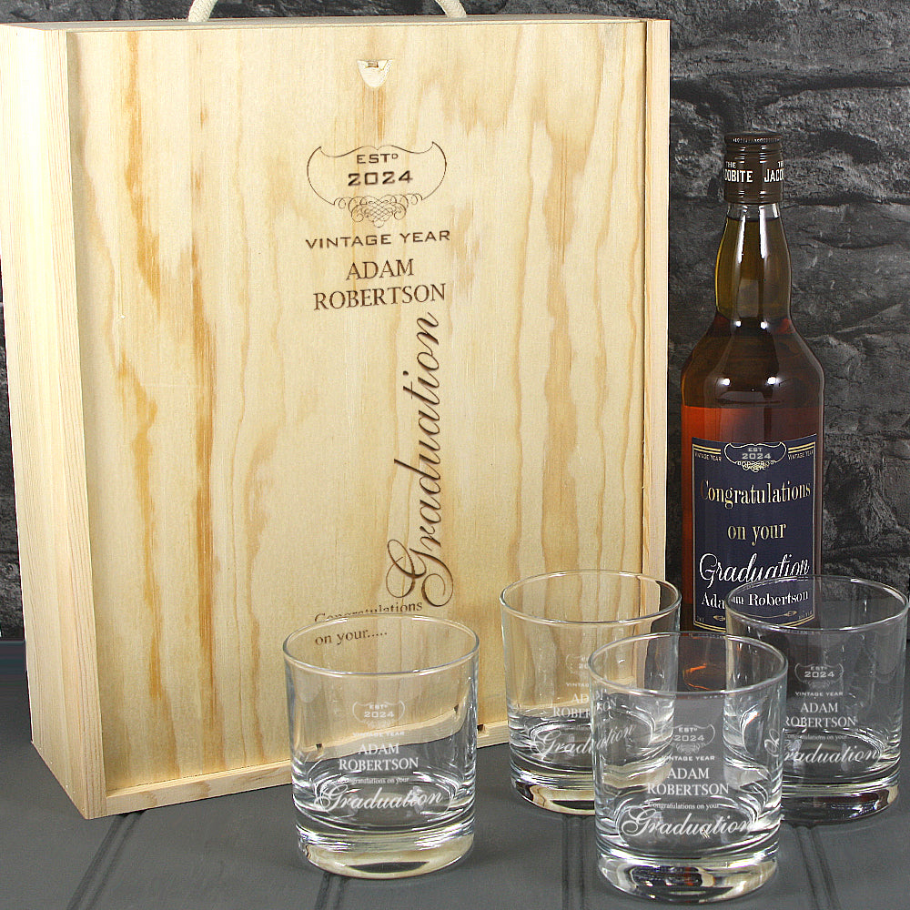 Graduation Single Bottle With A Printed Label, Lasered Wooden Box And 4 Whisky Tumblers