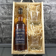 Load image into Gallery viewer, Graduation Single Bottle With A Printed Label, Lasered Wooden Box And 2 Whisky Tumblers
