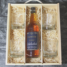 Load image into Gallery viewer, Graduation Single Bottle With A Printed Label, Lasered Wooden Box And 4 Whisky Tumblers
