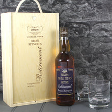 Load image into Gallery viewer, Retirement Single Bottle With A Printed Label, Lasered Wooden Box And 2 Whisky Tumblers
