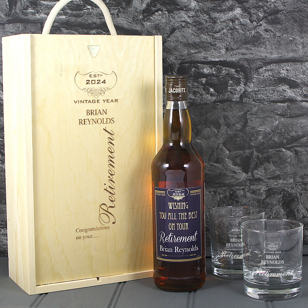 Retirement Single Bottle With A Printed Label, Lasered Wooden Box And 2 Whisky Tumblers