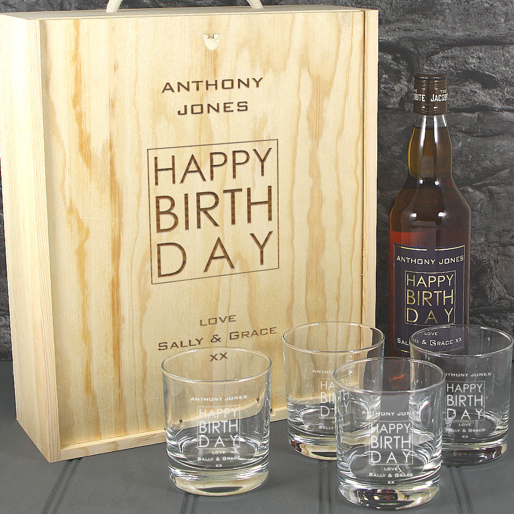 Happy Birthday Single Bottle With A Printed Label, Lasered Wooden Box And 4 Whisky Tumblers