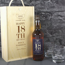 Load image into Gallery viewer, Happy 18th Birthday Single Bottle With A Printed Label, Lasered Wooden Box And 2 whisky tumblers

