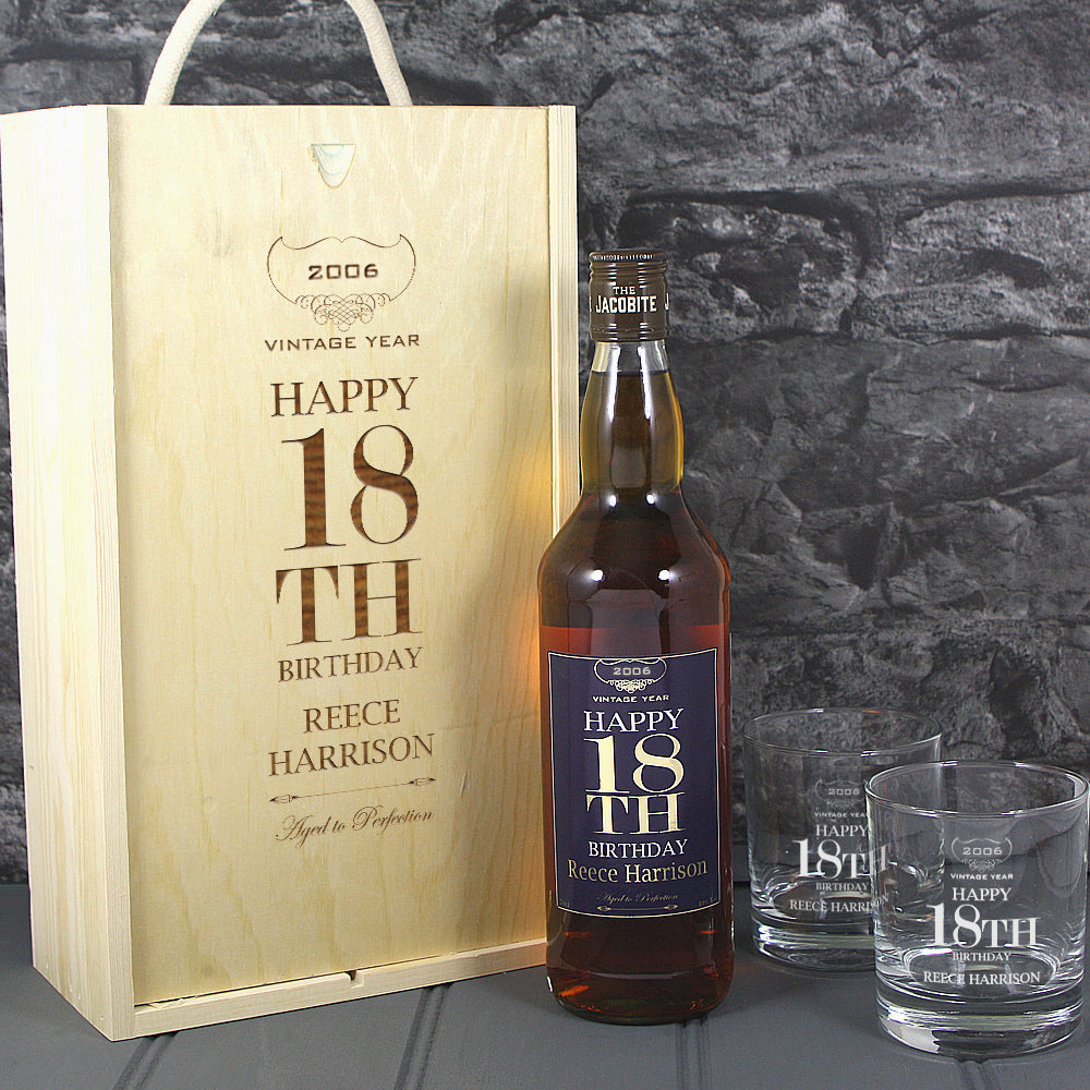 Happy 18th Birthday Single Bottle With A Printed Label, Lasered Wooden Box And 2 whisky tumblers