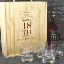 Load image into Gallery viewer, Happy 18th Birthday Single Bottle With A Printed Label, Lasered Wooden Box And 4 Whisky Tumblers
