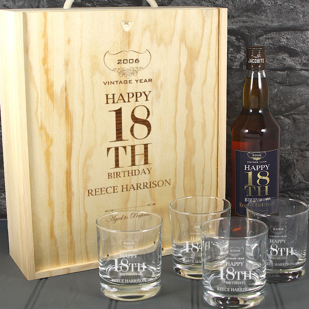 Happy 18th Birthday Single Bottle With A Printed Label, Lasered Wooden Box And 4 Whisky Tumblers