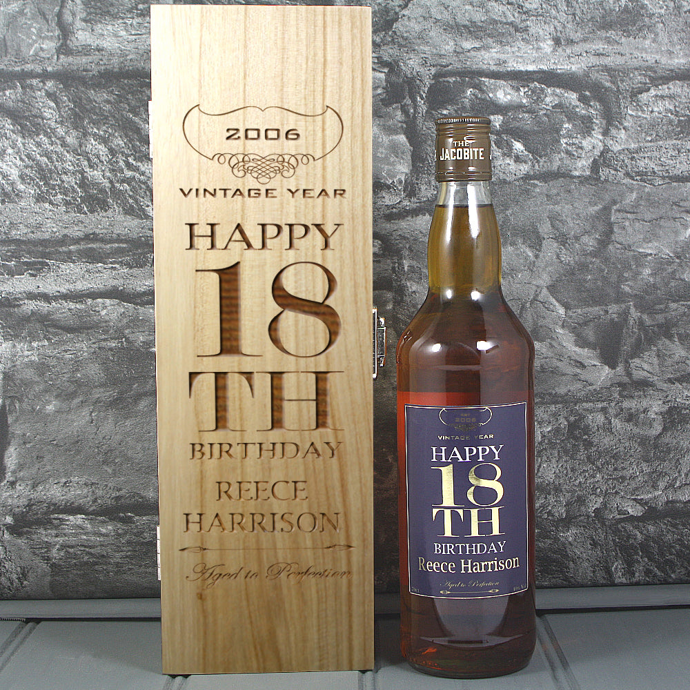 Happy 18th Birthday Single Wooden Box and Personalised Whisky Bottle