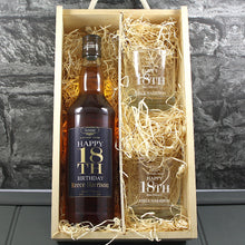 Load image into Gallery viewer, Happy 18th Birthday Single Bottle With A Printed Label, Lasered Wooden Box And 2 whisky tumblers
