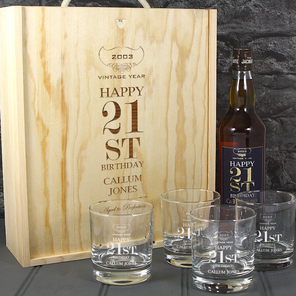 Happy 21st Birthday Single Bottle With A Printed Label, Lasered Wooden Box And 4 Whisky Tumblers