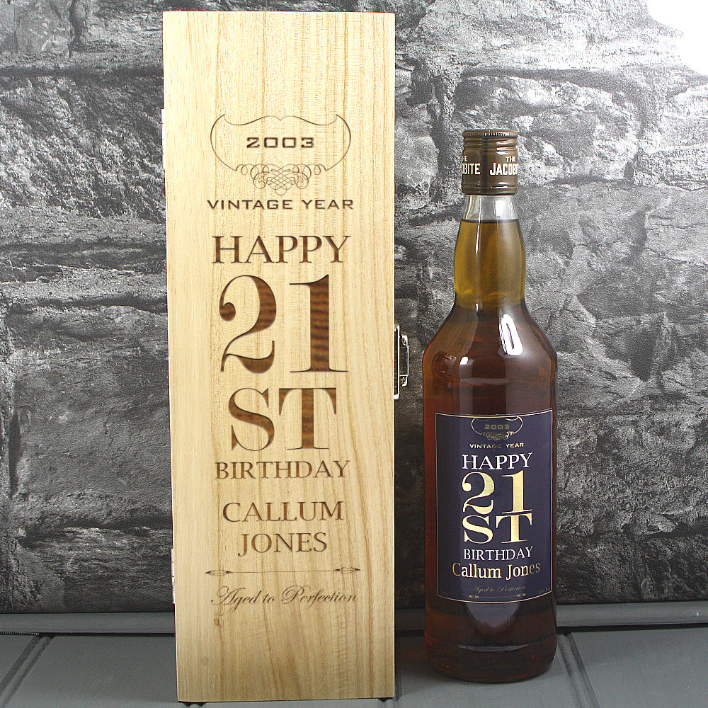 Happy 21st Birthday Single Wooden Box and Personalised Whisky Bottle