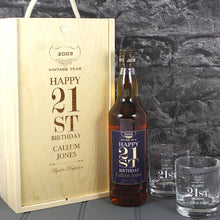 Load image into Gallery viewer, Happy 21st Birthday Single Bottle With A Printed Label, Lasered Wooden Box And 2 Whisky Tumblers
