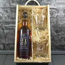 Load image into Gallery viewer, Happy 21st Birthday Single Bottle With A Printed Label, Lasered Wooden Box And 2 Whisky Tumblers
