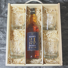 Load image into Gallery viewer, Happy 21st Birthday Single Bottle With A Printed Label, Lasered Wooden Box And 4 Whisky Tumblers
