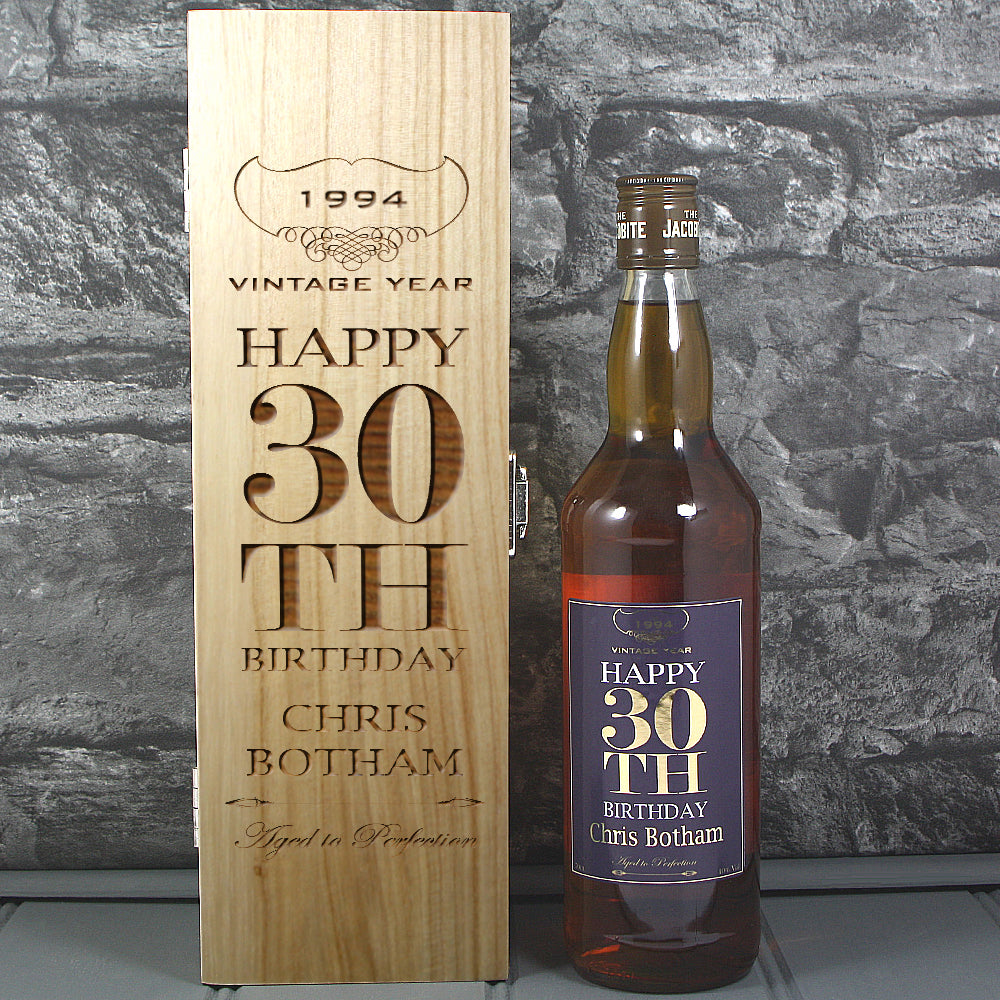 Happy 30th Birthday Single Wooden Box and Personalised Whisky Bottle