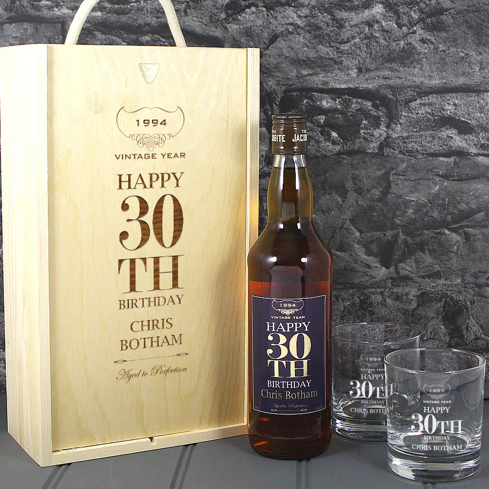Happy 30th Birthday Single Bottle With A Printed Label, Lasered Wooden Box And 2 Whisky Tumblers