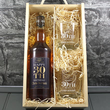 Load image into Gallery viewer, Happy 30th Birthday Single Bottle With A Printed Label, Lasered Wooden Box And 2 Whisky Tumblers
