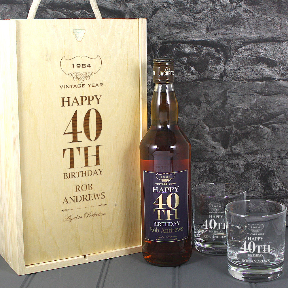 Happy 40th Birthday Single Bottle With A Printed Label, Lasered Wooden Box And 2 Whisky Tumblers