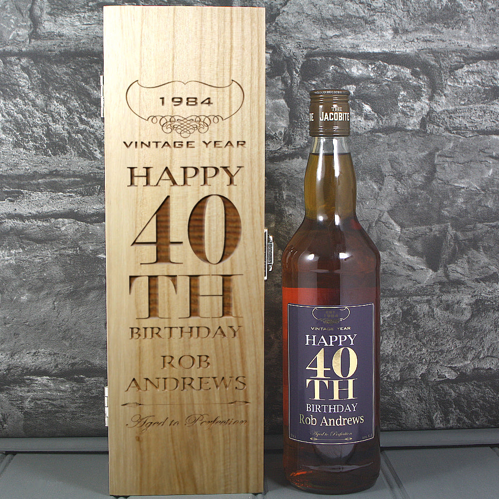 Happy 40th Birthday Single Wooden Box and Personalised Whisky Bottle