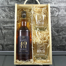Load image into Gallery viewer, Happy 40th Birthday Single Bottle With A Printed Label, Lasered Wooden Box And 2 Whisky Tumblers

