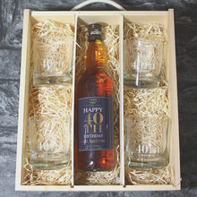 Load image into Gallery viewer, Happy 40th Birthday Single Bottle With A Printed Label, Lasered Wooden Box And 4 Whisky Tumblers
