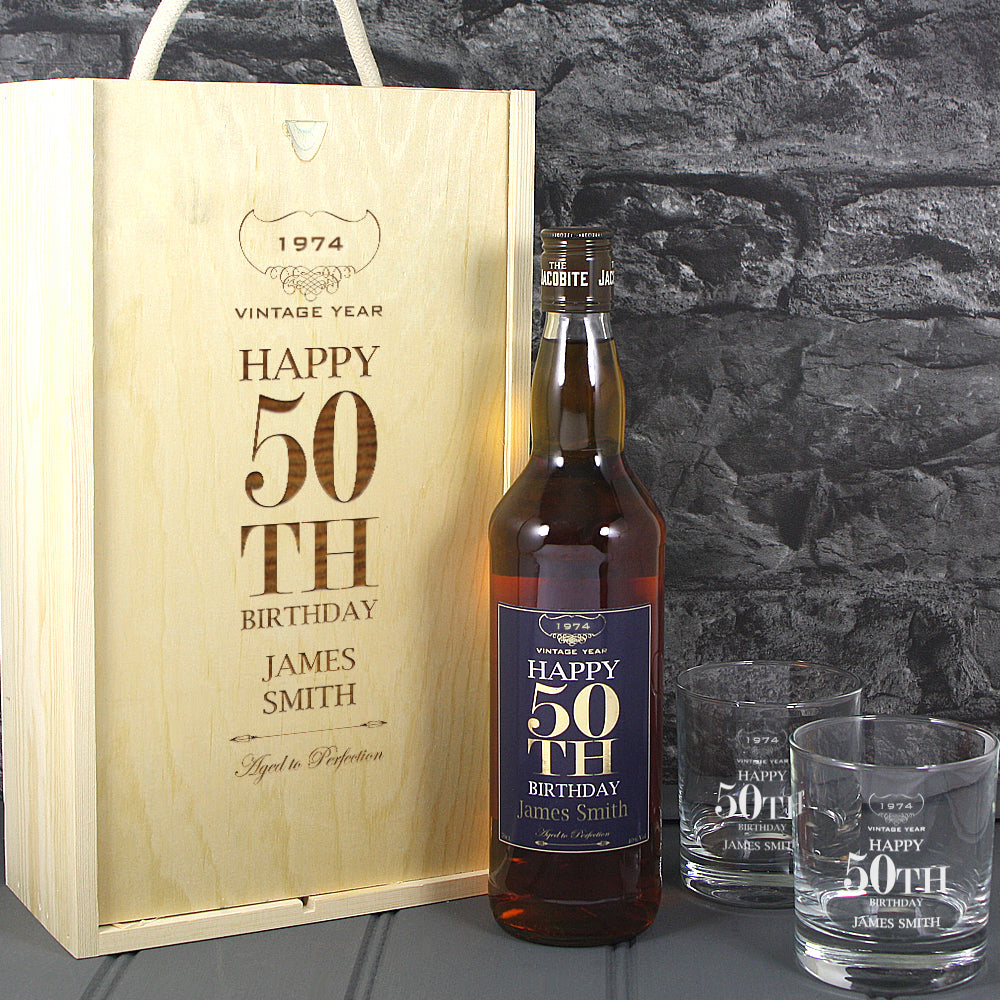 Happy 50th Birthday Single Bottle With A Printed Label, Lasered Wooden Box And 2 Whisky Tumblers