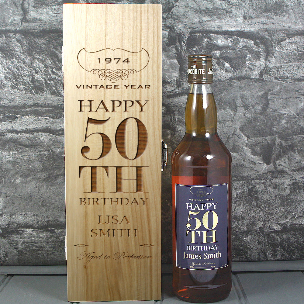 Happy 50th Birthday Single Wooden Box and Personalised Whisky Bottle