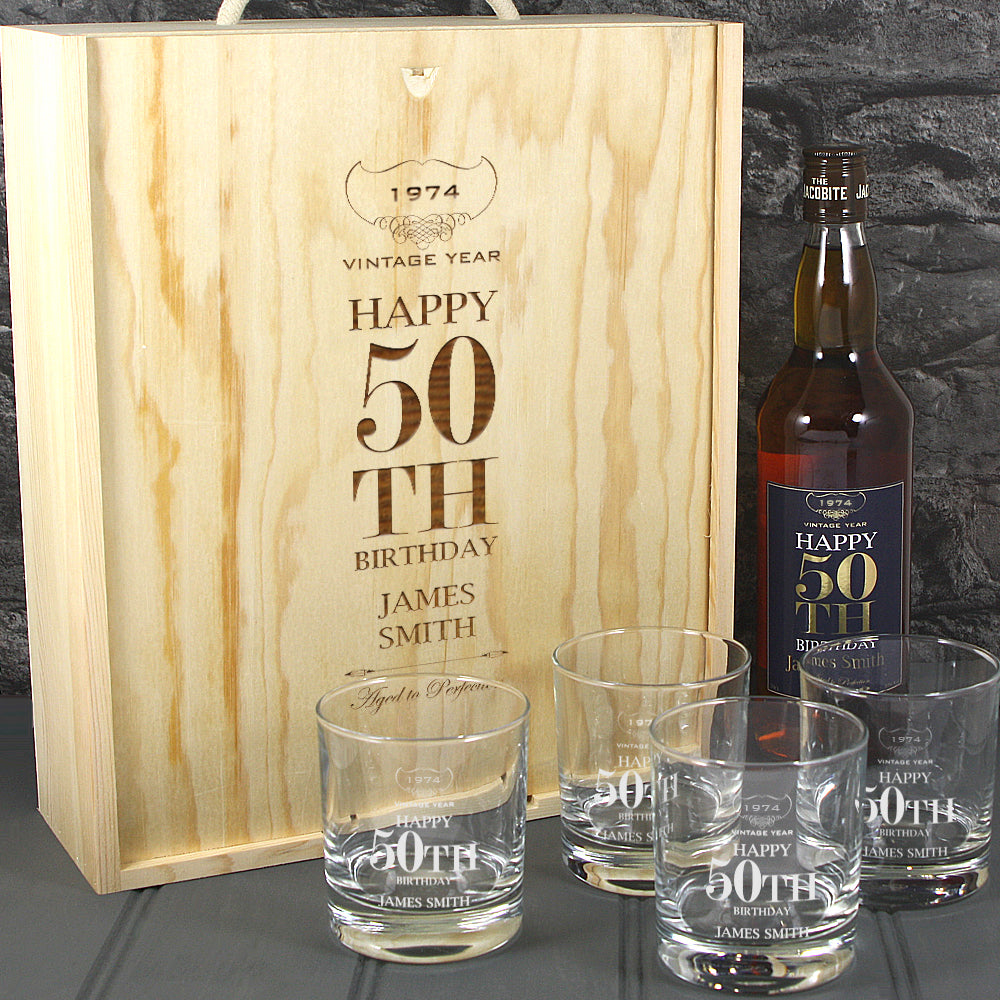 Happy 50th Birthday Single Bottle With A Printed Label, Lasered Wooden Box And 4 Whisky Tumblers