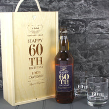 Load image into Gallery viewer, Happy 60th Birthday Single Bottle With A Printed Label, Lasered Wooden Box And 2 Whisky Tumblers
