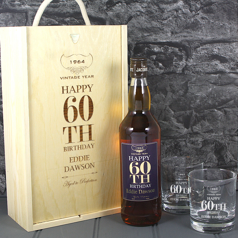 Happy 60th Birthday Single Bottle With A Printed Label, Lasered Wooden Box And 2 Whisky Tumblers