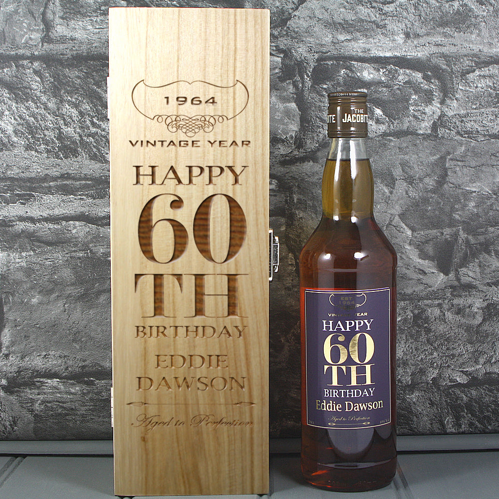 Happy 60th Birthday Single Wooden Box and Personalised Whisky Bottle