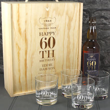 Load image into Gallery viewer, Happy 60th Birthday Single Bottle With A Printed Label, Lasered Wooden Box And 4 Whisky Tumblers
