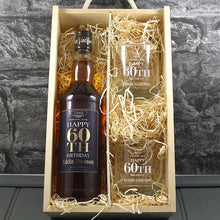 Load image into Gallery viewer, Happy 60th Birthday Single Bottle With A Printed Label, Lasered Wooden Box And 2 Whisky Tumblers
