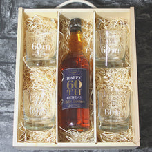 Load image into Gallery viewer, Happy 60th Birthday Single Bottle With A Printed Label, Lasered Wooden Box And 4 Whisky Tumblers
