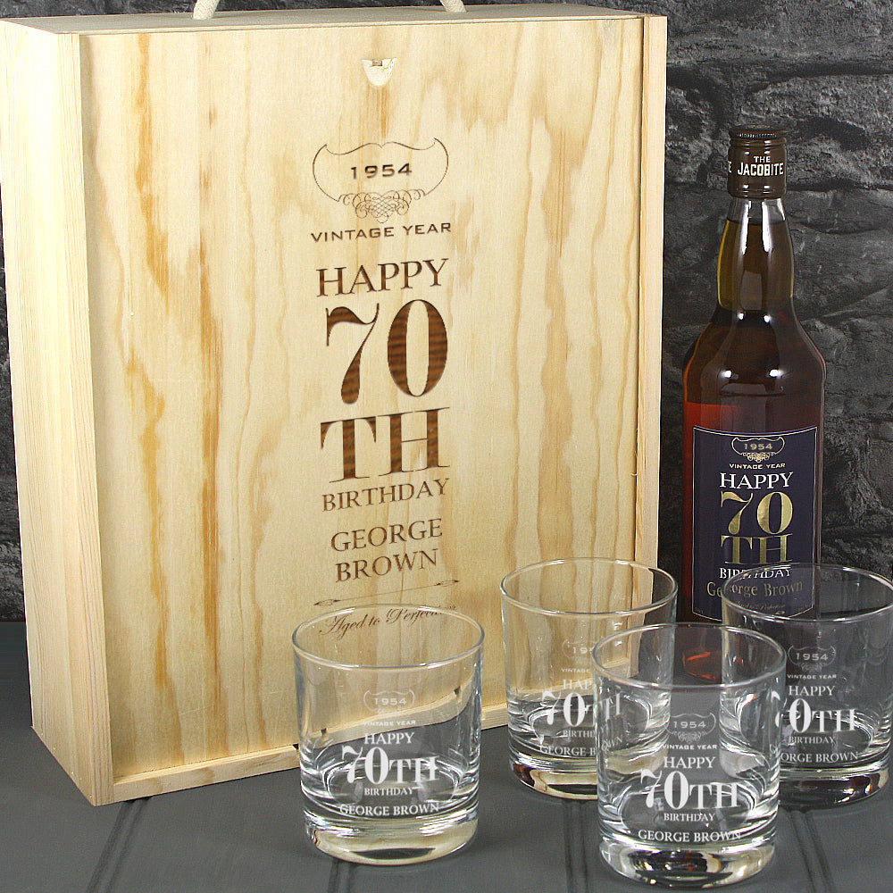 Happy 70th Birthday Single Bottle With A Printed Label, Lasered Wooden Box And 4 Whisky Tumblers