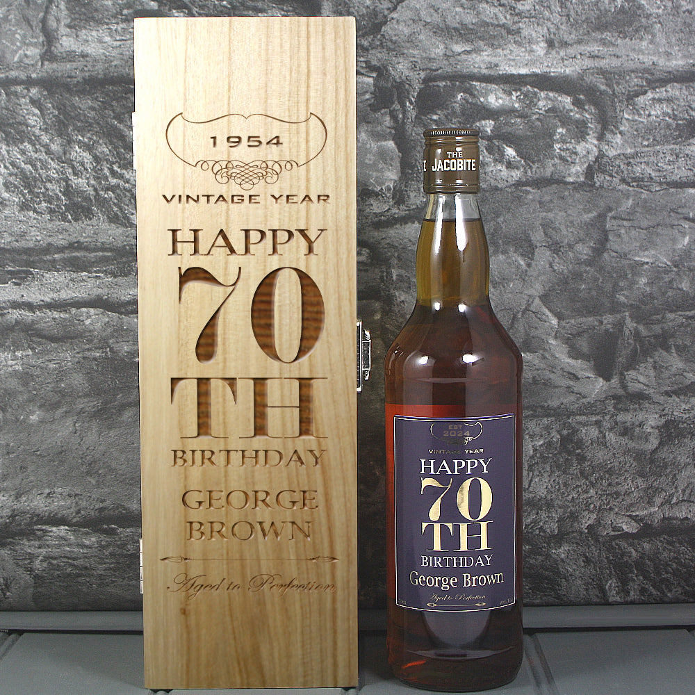 Happy 70th Birthday Single Wooden Box and Personalised Whisky Bottle