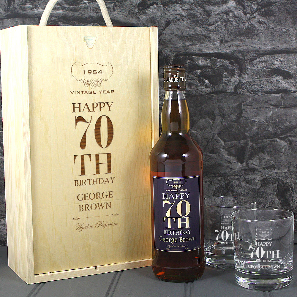 Happy 70th Birthday Single Bottle With A Printed Label, Lasered Wooden Box And 2 Whisky Tumblers