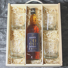 Load image into Gallery viewer, Happy 70th Birthday Single Bottle With A Printed Label, Lasered Wooden Box And 4 Whisky Tumblers
