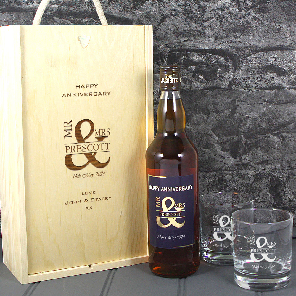 Anniversary Single Bottle With A Printed Label, Lasered Wooden Box And 2 Whisky Tumblers