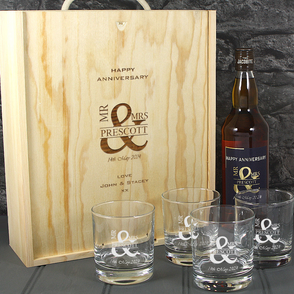 Anniversary Single Bottle With A Printed Label, Lasered Wooden Box And 4 Whisky Tumblers