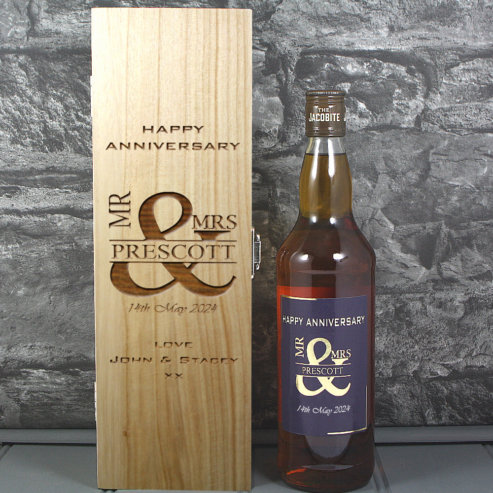 Anniversary Single Wooden Box and Personalised Whisky Bottle