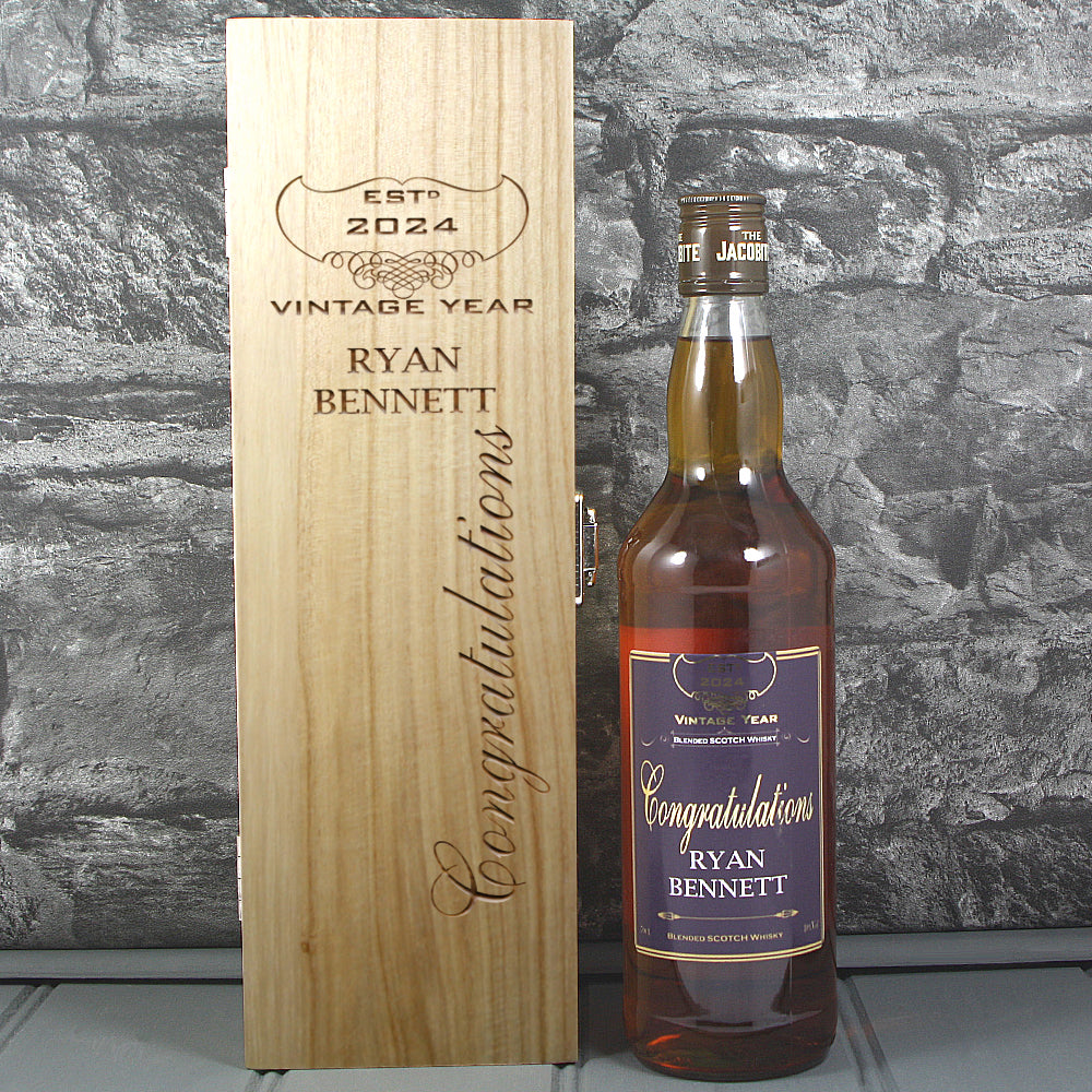Congratulations Single Wooden Box and Personalised Whisky Bottle