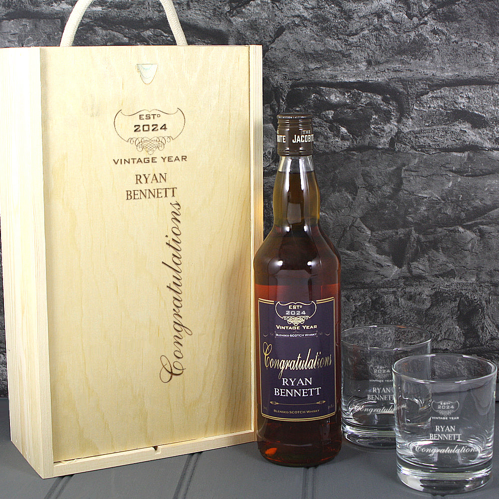 Congratulations Single Bottle With A Printed Label, Lasered Wooden Box And 2 Whisky Tumblers