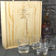 Load image into Gallery viewer, Congratulations Single Bottle With A Printed Label, Lasered Wooden Box And 4 Whisky Tumblers
