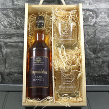 Load image into Gallery viewer, Congratulations Single Bottle With A Printed Label, Lasered Wooden Box And 2 Whisky Tumblers
