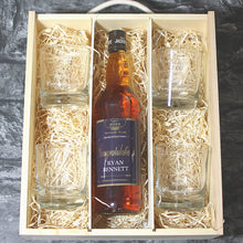 Load image into Gallery viewer, Congratulations Single Bottle With A Printed Label, Lasered Wooden Box And 4 Whisky Tumblers

