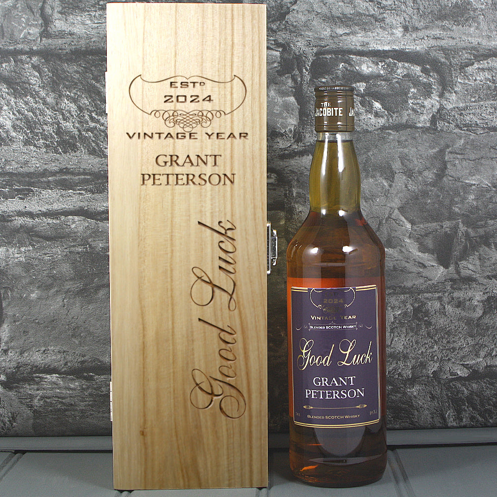 Good Luck Single Wooden Box and Personalised Whisky Bottle