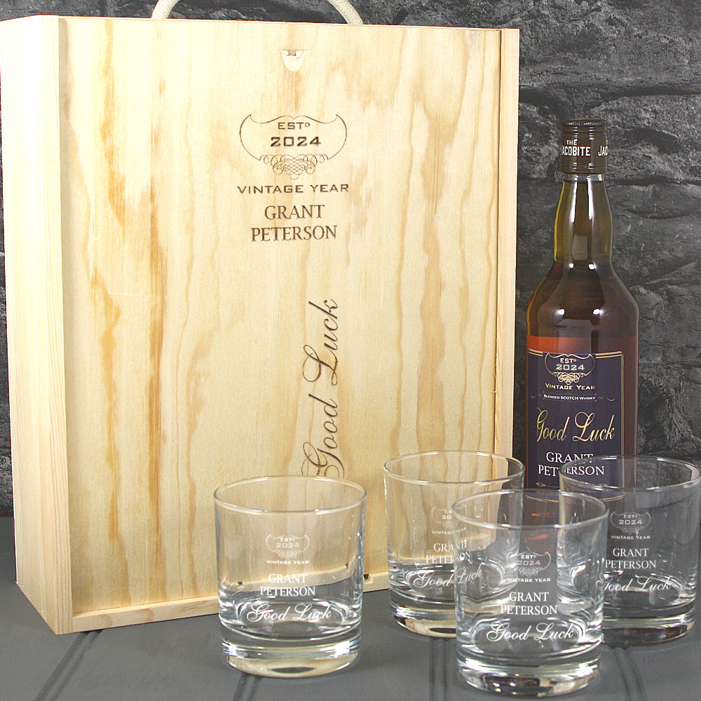 Good Luck Single Bottle With A Printed Label, Lasered Wooden Box And 4 Whisky Tumblers