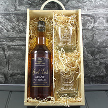Load image into Gallery viewer, Good Luck Single Bottle With A Printed Label, Lasered Wooden Box And 2 Whisky Tumblers

